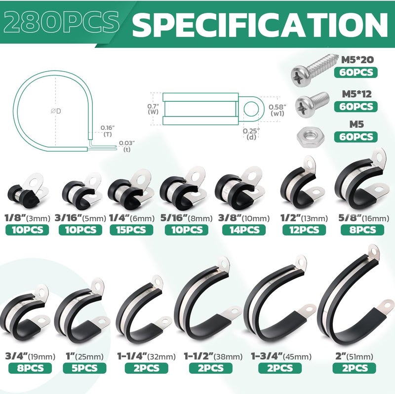 ORU 280PCS Cable Clamps with Screws Assortment Kit 304 Stainless Steel Rubber Cushioned Insulated Wire Pipe Clamps 13 Sizes—1/8" 3/16" 1/4" 5/16" 3/8" 1/2" 5/8" 3/4" 1" 1-1/4" 1-1/2" 1-3/4" 2” - Image 2